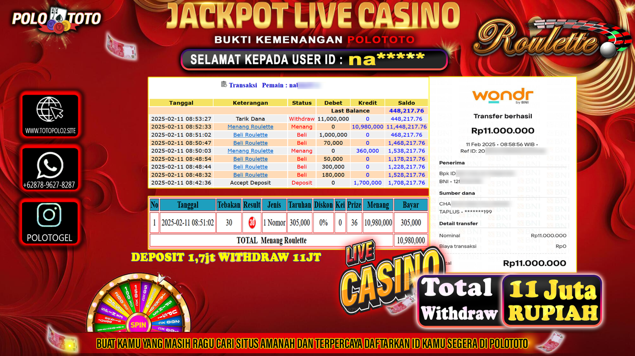 POLOTOTO JACKPOT LIVE CASINO ROULETTE Rp.11.000.000,-