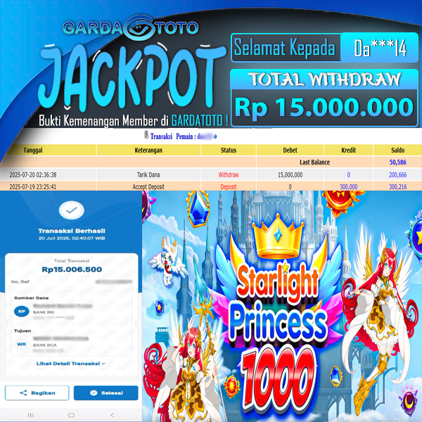 JACKPOT DI PERMAINAN  SLOT PRAGMATIC PLAY STARLIGHT PRINCESS 1000 WD Rp 15.000.000,- DIBAYAR LUNAS GARDATOTO MANTAP !