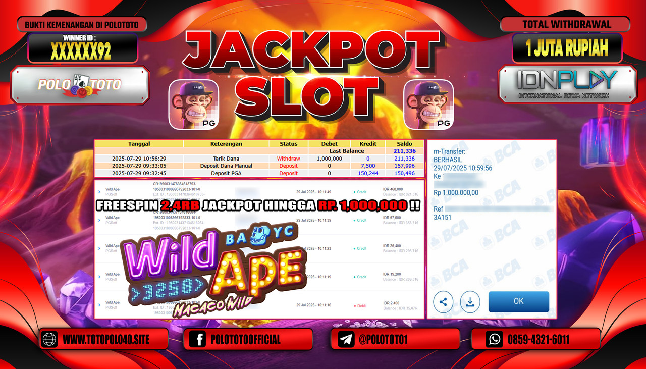 POLOTOTO JACKPOT SLOT WILD APE Rp.1.000.000,-LUNAS