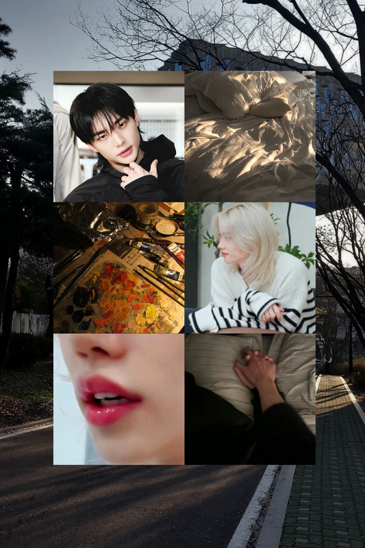 Moodboard de Hyunjin y Felix con estética de pintura, sábanas arrugadas y manos entrelazadas