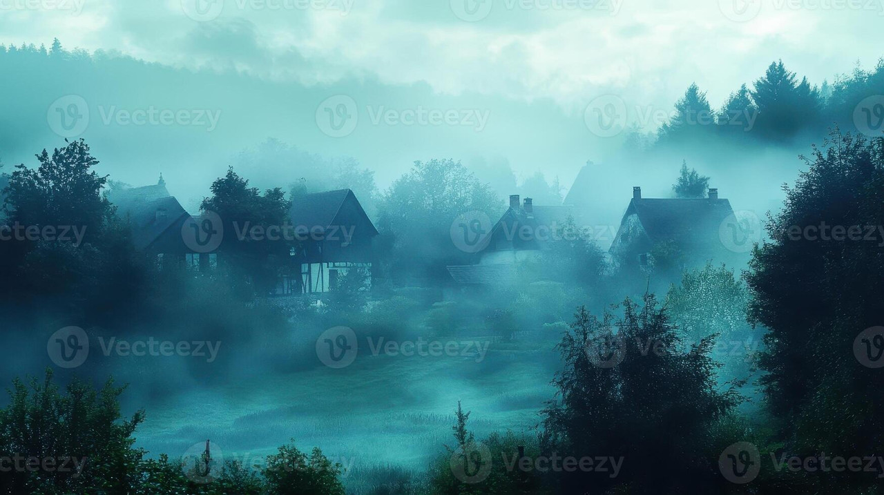 a misty landscape featuring houses surrounded by fog and trees creating a serene atmosphere photo