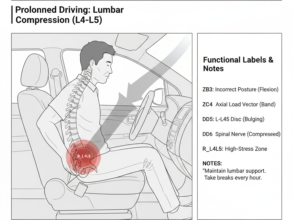 장시간 운전으로 인한 척추 압박 일러스트