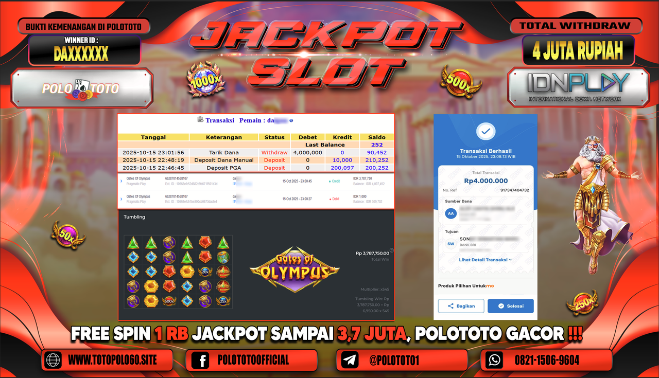POLOTOTO JACKPOT SLOT GATES OF OLYMPUS Rp.4.000.000,- LUNAS