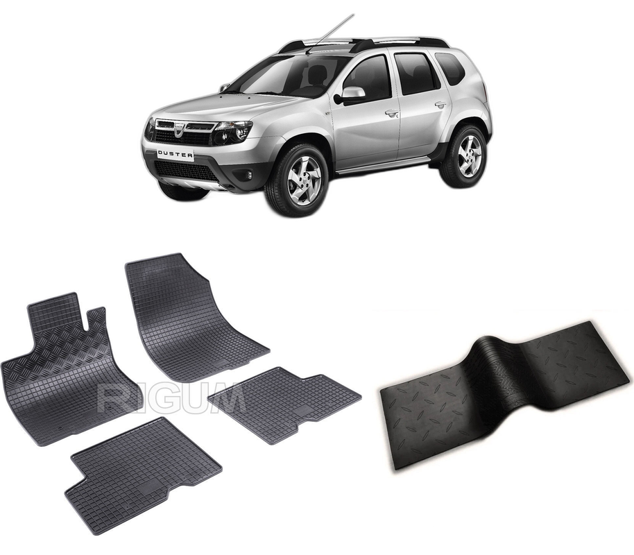 Set covorase auto DACIA DUSTER I din 2010-12.2017, cu covoras tunel median, CAROSERIE SUV, Presuri cauciuc 100%, compatibil cu autoturismul DACIA DUSTER I, Rigum