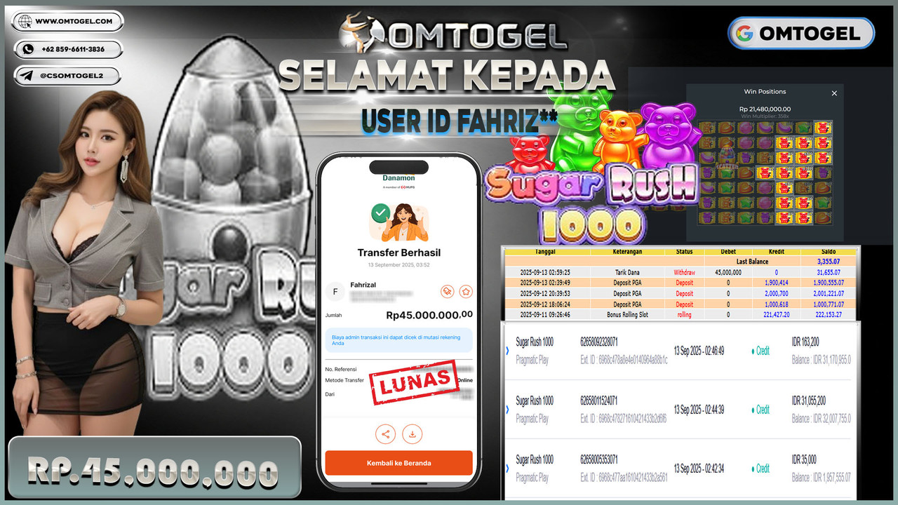 OMTOGEL JACKPOT PRAGMATIC PLAY SUGAR RUSH 1000 45 JUTA DI BAYAR LUNAS ,-