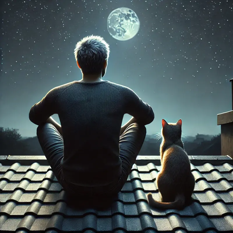 Man and cat on the roof.