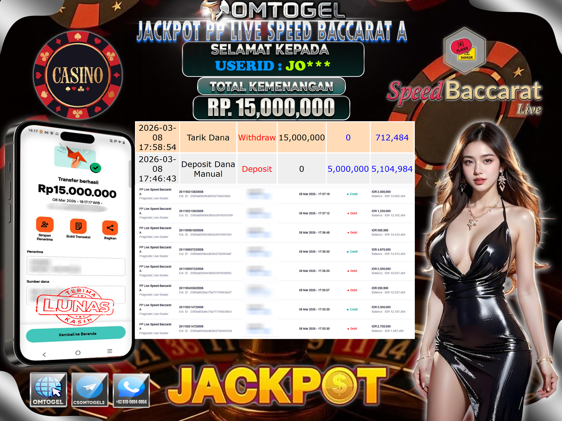 OMTOGEL JACKPOT PRAGMATIC LIVE DEALER PP LIVE SPEED BACCARAT, 15 JUTA DI BAYAR LUNAS ,-