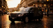 Taxi parisien circulant boulevard Haussmann à Paris pour illustrer la réservation de taxi en France