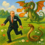 Putin runs from two mythical serpents — one flying, one crawling.