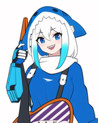 {{guitar}}, 1girl, {{{cyberpunk}}}, white hair, blue hair point, smile, [[[shark s-609057366