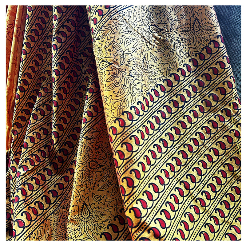 Hand Block Printed Orange Saree with Mango shape border