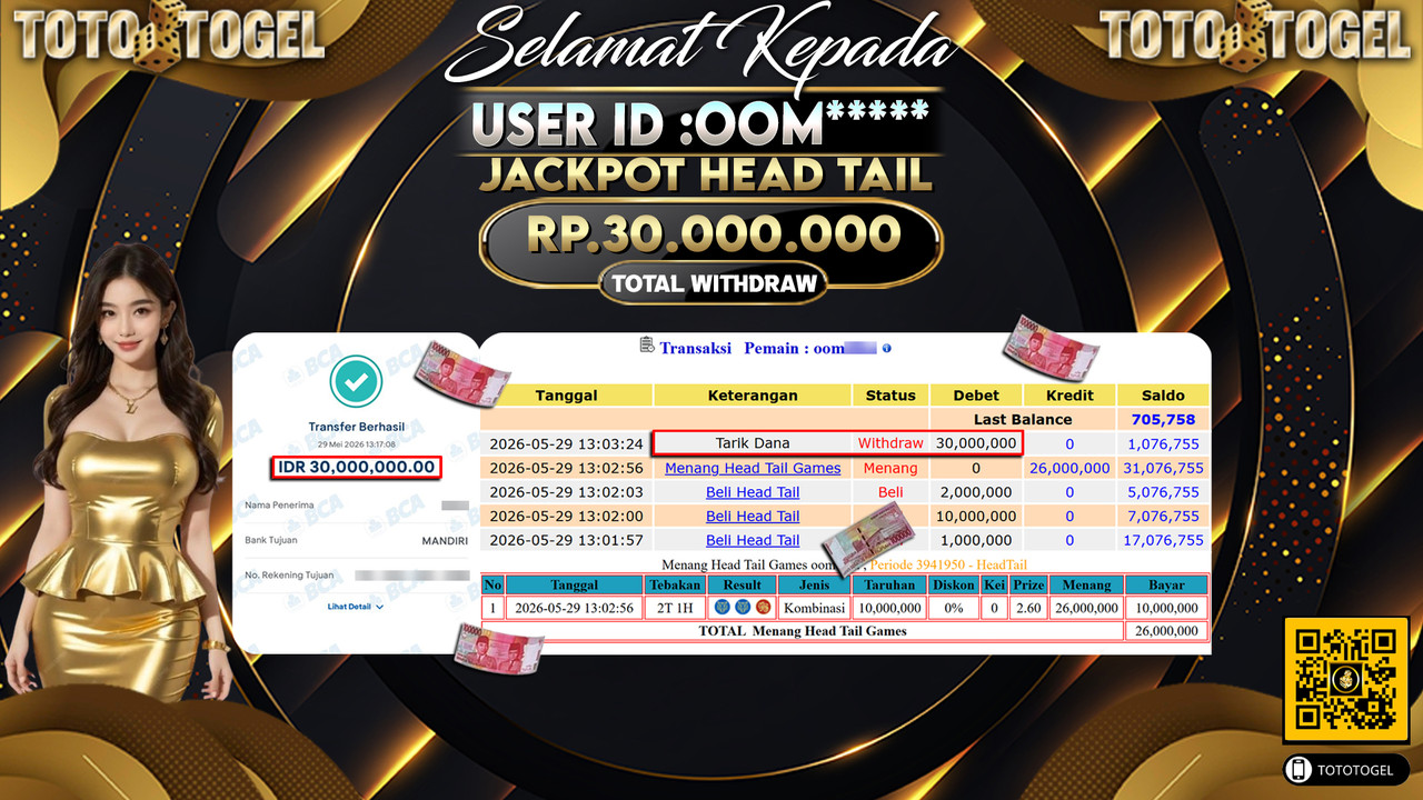 Bukti Pembayaran Jackpot Permainan Live Game Head Tail ID:OOM*****LUNAS