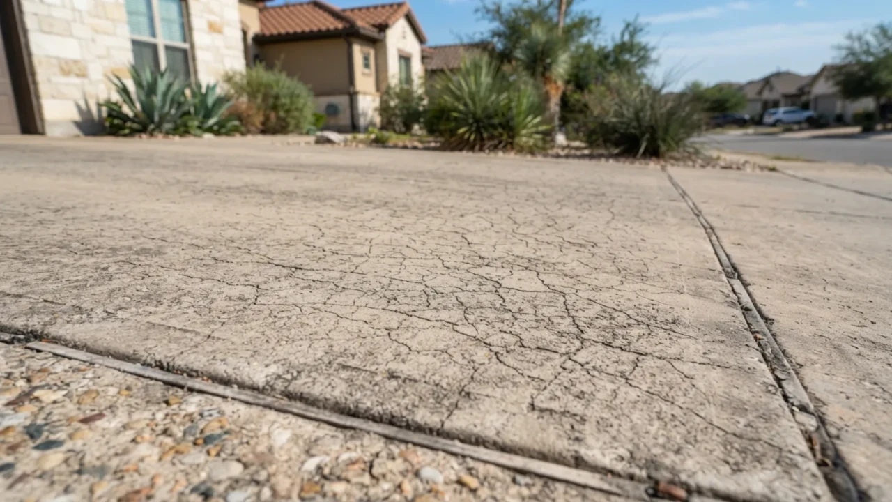 Hairline surface cracks in a concrete driveway in San Antonio