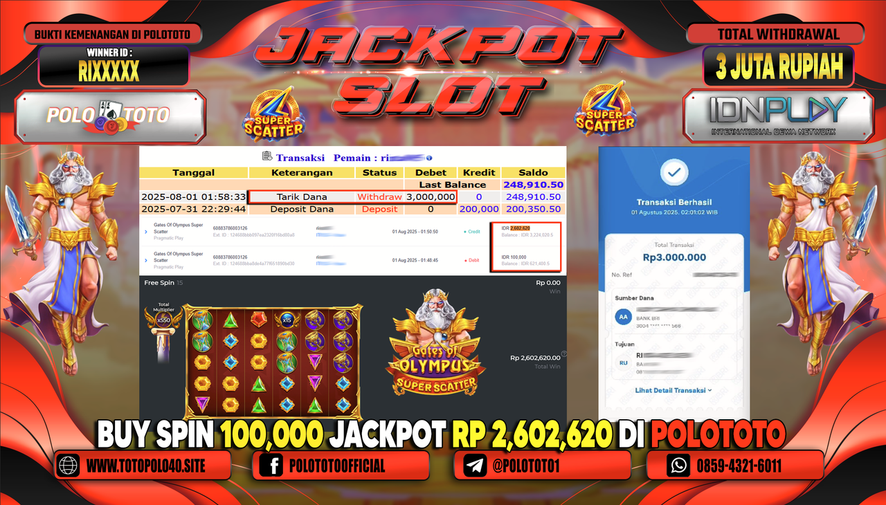 POLOTOTO JACKPOT SLOT GATES OF OLYMPUS SUPER SCATTER Rp.3.000.000,-LUNAS