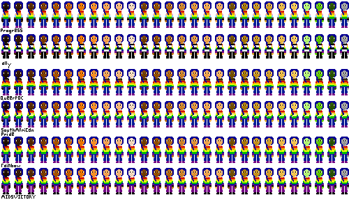 a row of people with pride flag shirts and darker indigo hair