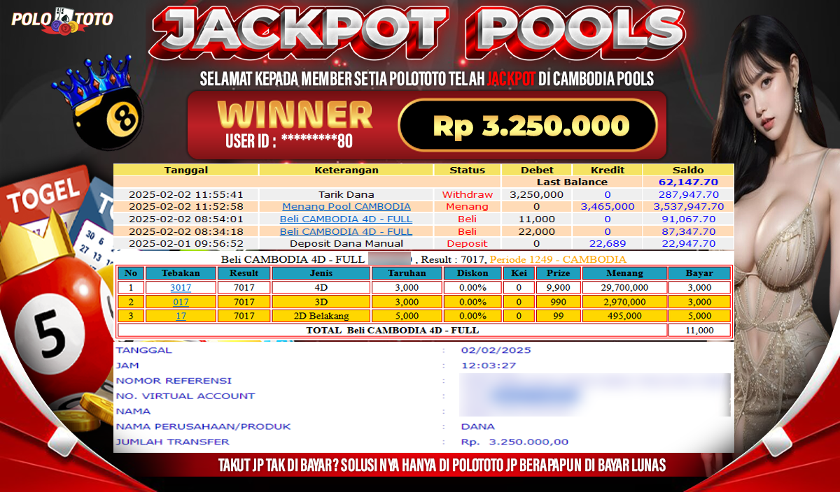 POLOTOTO JACKPOT TOGEL CAMBODIA POOLS Rp.3,250.000,-