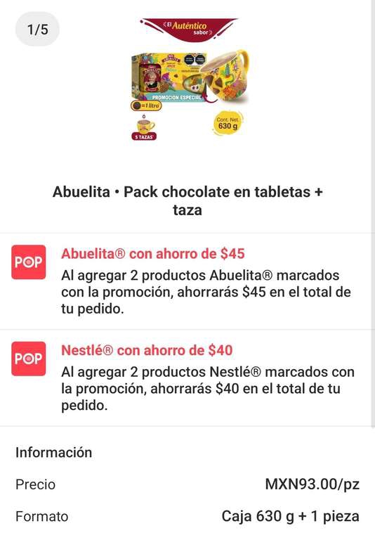 Cornershop-Soriana o Chedraui:2 pack de chocolate abuelita 630g + taza por $101 
