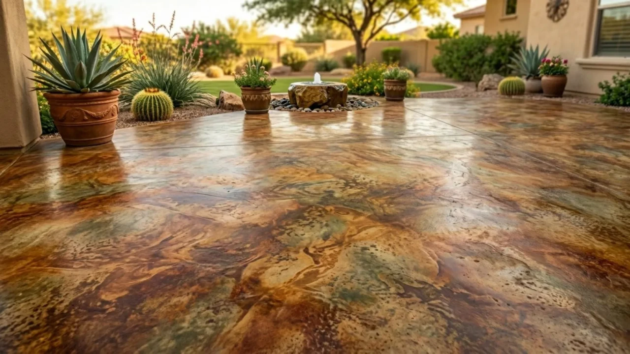 Acid stained concrete patio in earth tone colors San Antonio