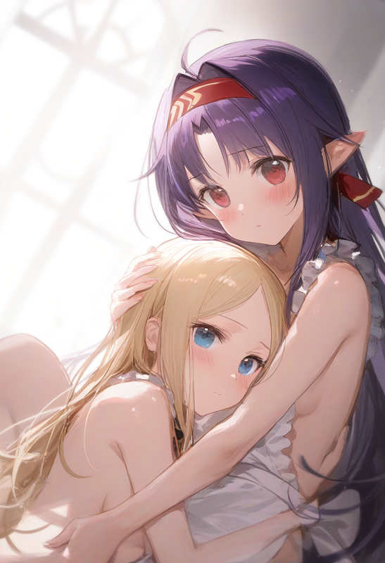 2girl, {{yuuki, sao}}, purple hair, red eyes, nude apron, {{abigail williams, fa s-1983018455
