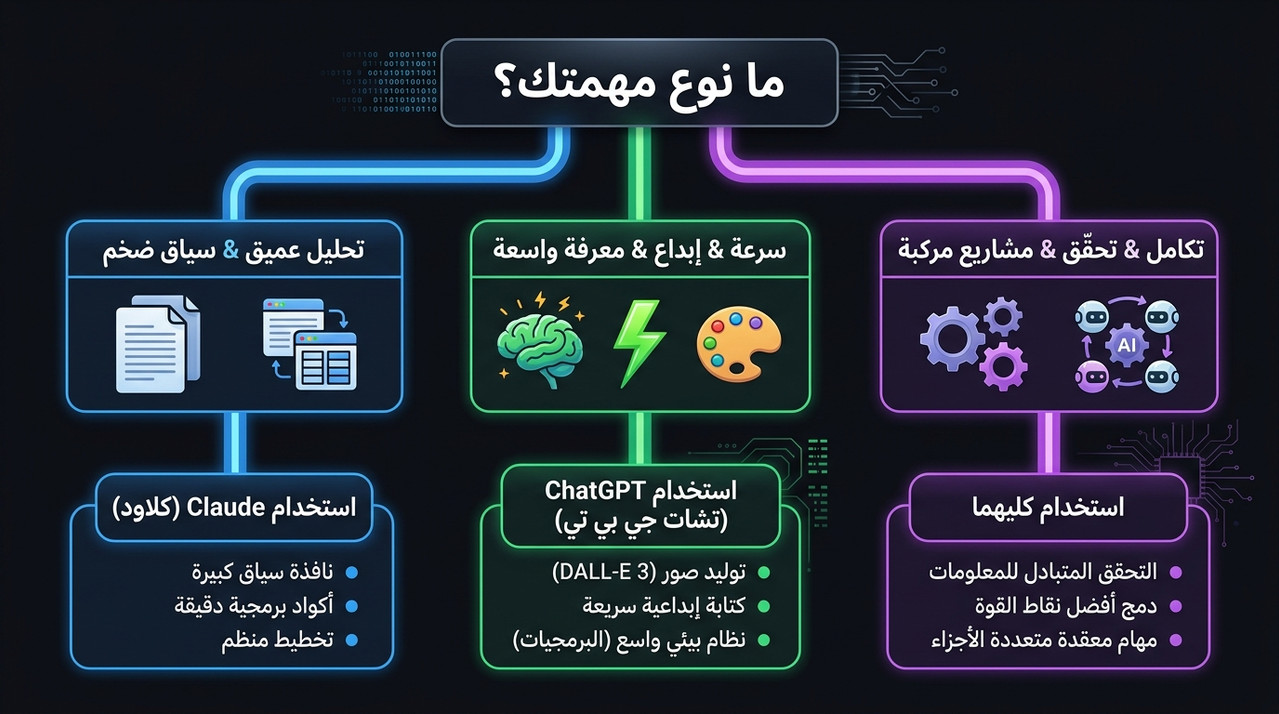 مخطط تدفق لاختيار بين Claude وChatGPT 2026 بناءً على نوع المهمة — دليل القرار لممارسي السيو وصانعي المحتوى