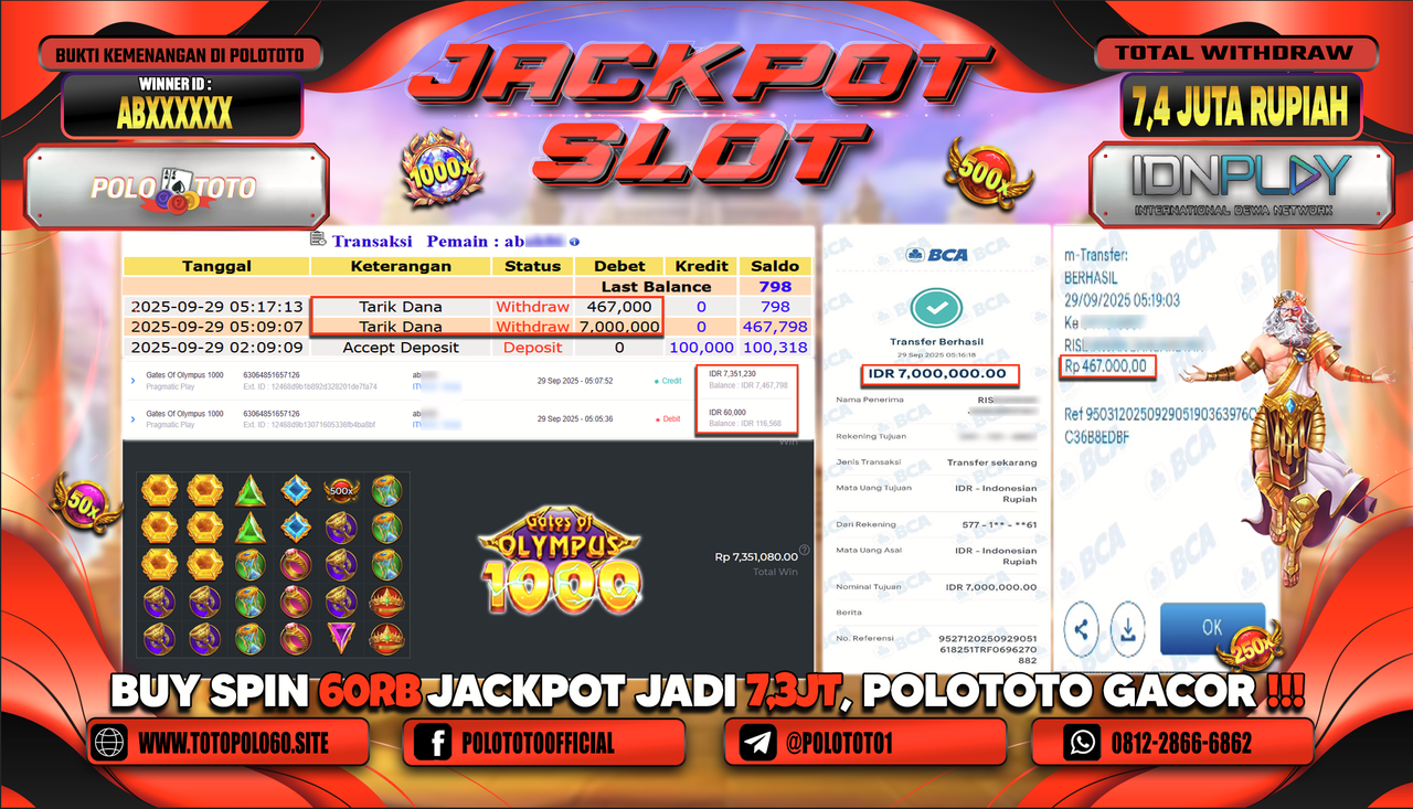 POLOTOTO JACKPOT SLOT GATES OF OLYMPUS 1000 Rp.7.400.000,- LUNAS