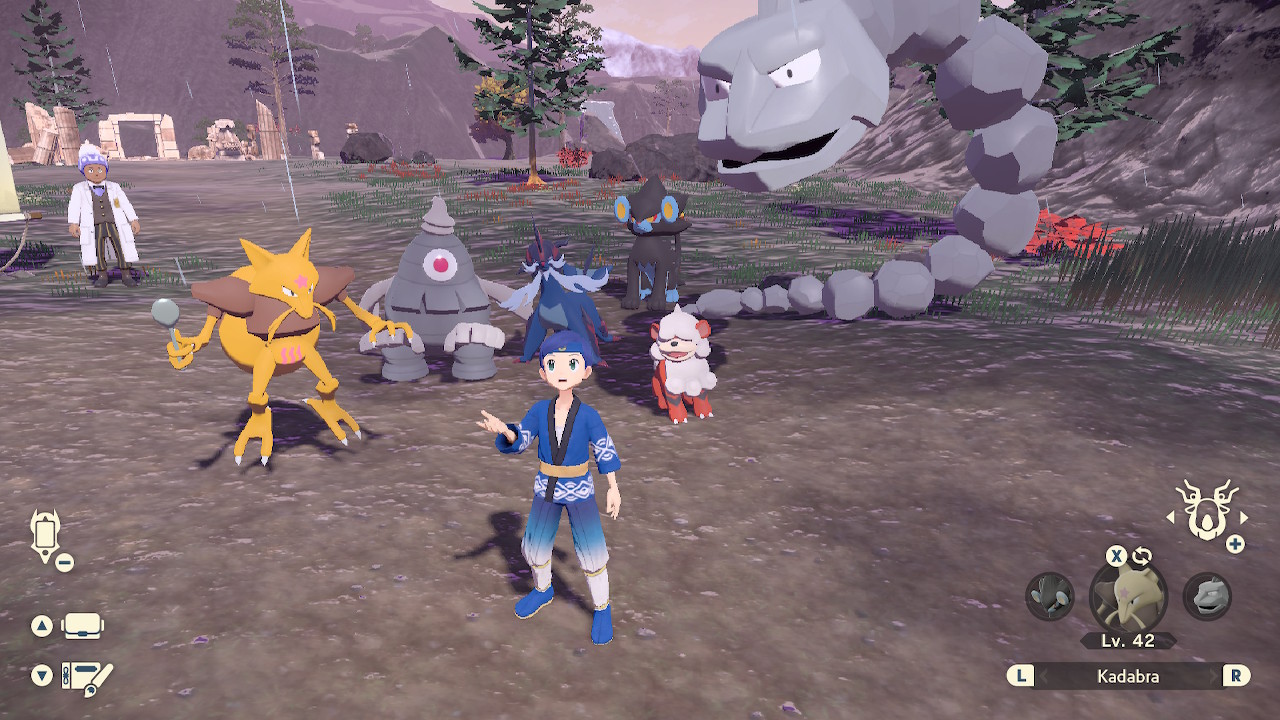 Tyler with his team of Pokémon in Pokémon Legends: Arceus. The team concists of Hisuian Samurott, Hisuian Growlith, Kadabra, Dusclops, Luxray, and Onix.