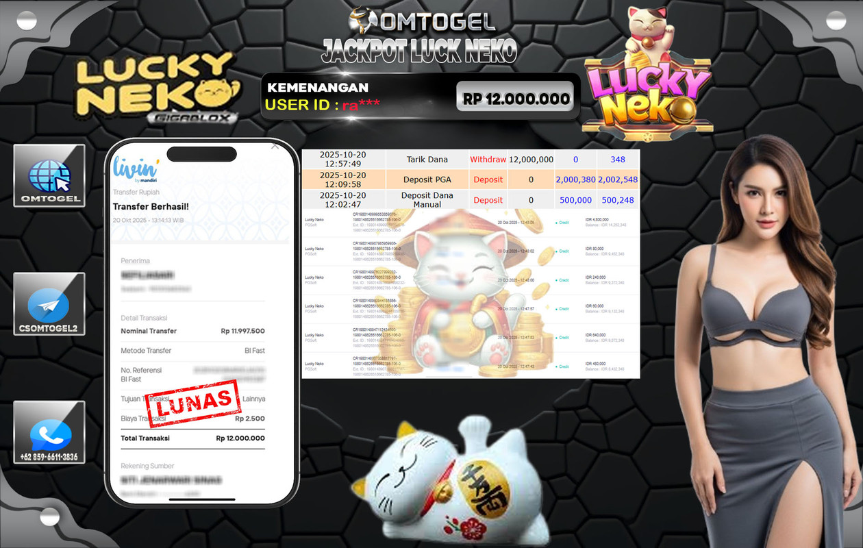 OMTOGEL JACKPOT PGSOFT LUCKY NEKO 12 JUTA DI BAYAR LUNAS ,-