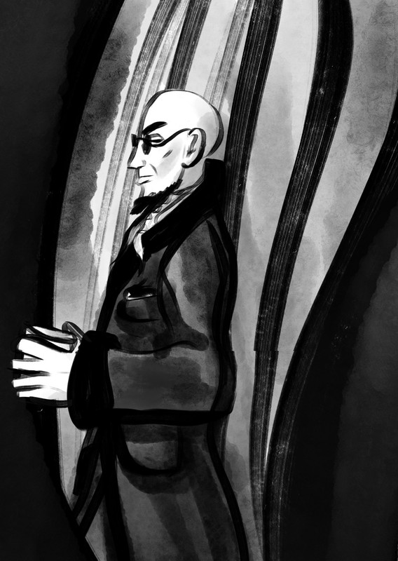hugo in his smoking jacket holding a drink