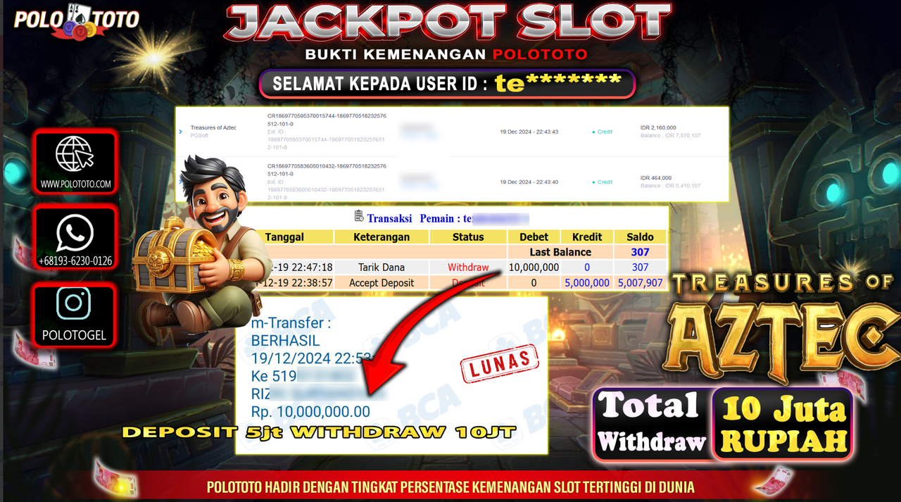 POLOTOTO JACKPOT SLOT TREASURES OF AZTEC Rp.10,000.000,-