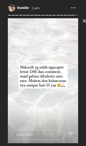 Tirani Dwitasari mengucapkan terima kasih untuk semua yang telah mendoakannya