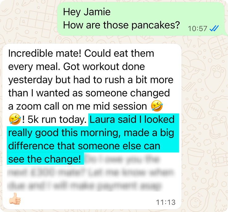 WhatsApp message from a client to James about energy and being more present at home