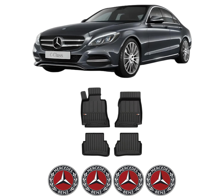 Set covorase presuri MERCEDES-BENZ C-CLASS (W205) din 2013-2021, auto, din cauciuc thermoplastic, 4 Stickere auto cu MERCEDES-BENZ