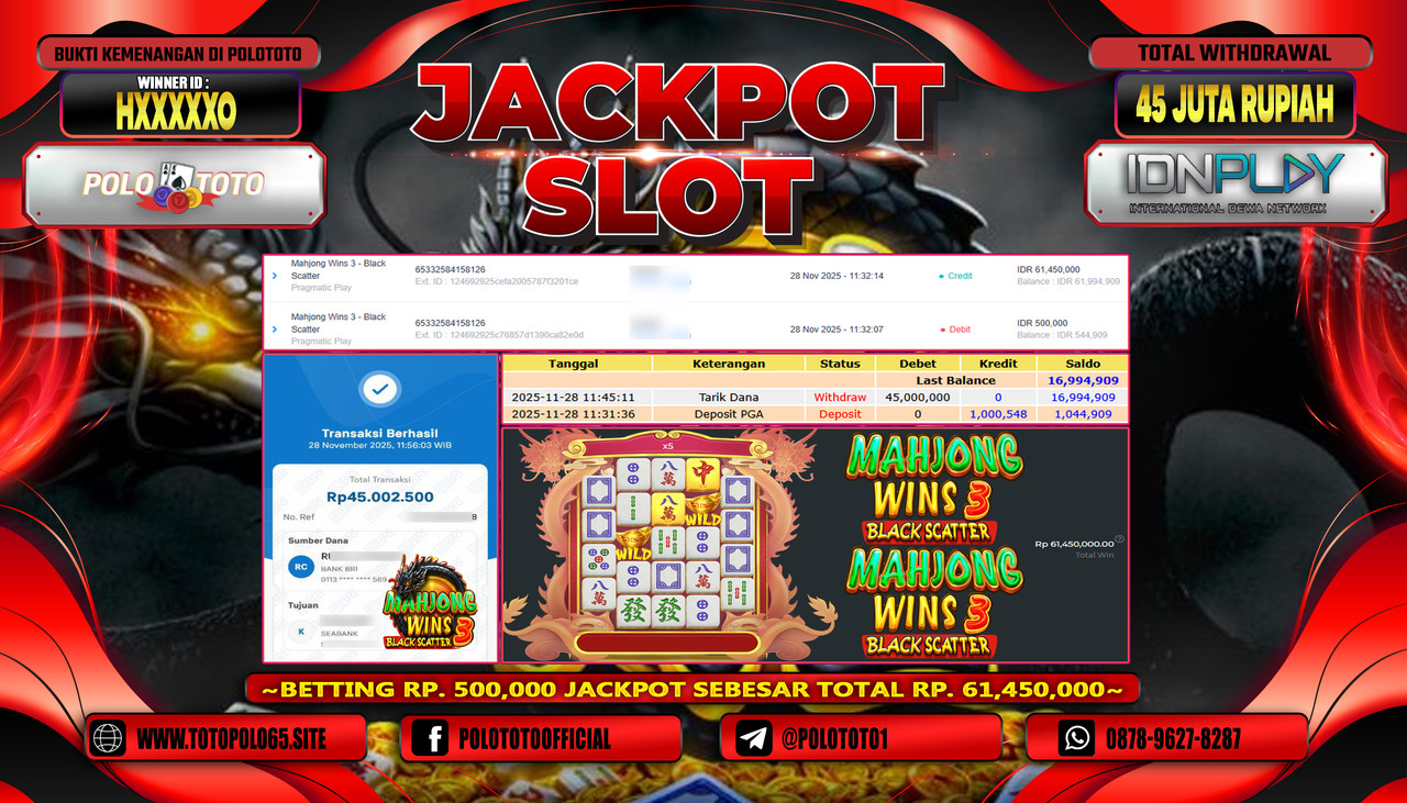 POLOTOTO JACKPOT SLOT MAHJONG WINS 3 - BLACK SCATTER Rp.45.000.000,- LUNAS