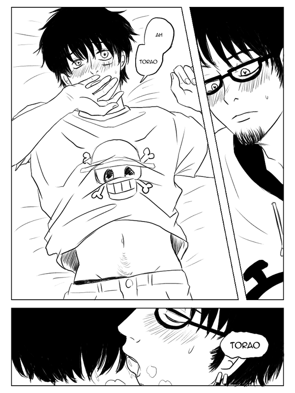 Page 16. Law has Luffy lying on the couch and starts licking his neck.