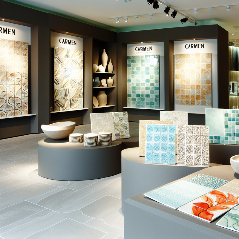 Showroom display with Carmen ceramic tiles in various shapes and colors.  :    (  Carmen)