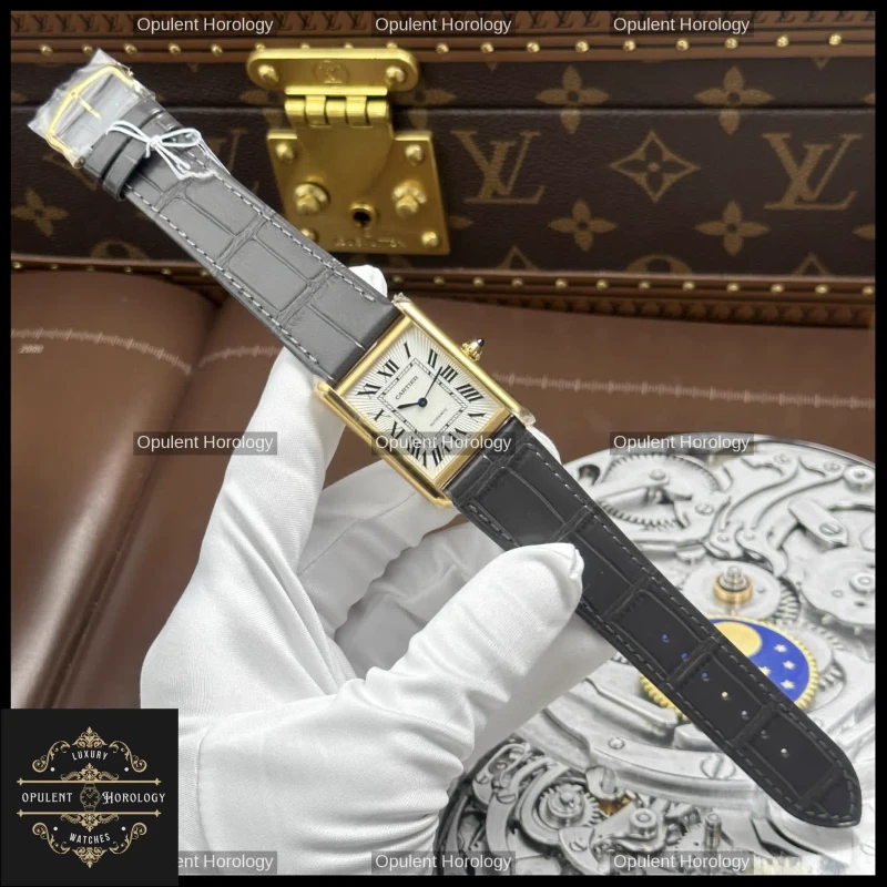 Cartier Tank Louis Automatic 27.8x38.1mm White Dial Gold Plated Gray Leather Strap - Super Clone