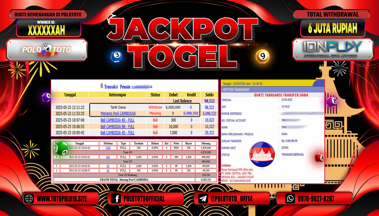 POLOTOTO JACKPOT TOGEL CAMBODIA POOLS Rp.6.000.000,-