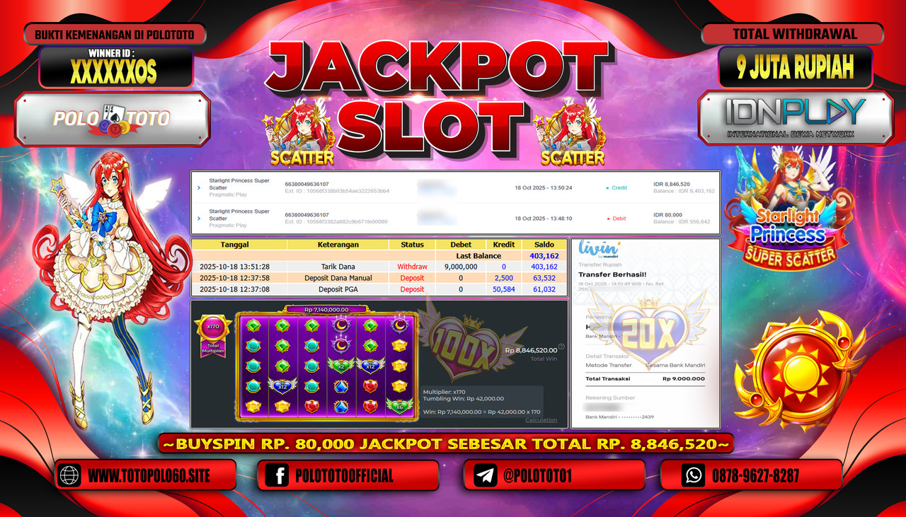 POLOTOTO JACKPOT SLOT STARLIGHT PRINCESS SUPER SCATTER  Rp.2.000.000,- LUNAS