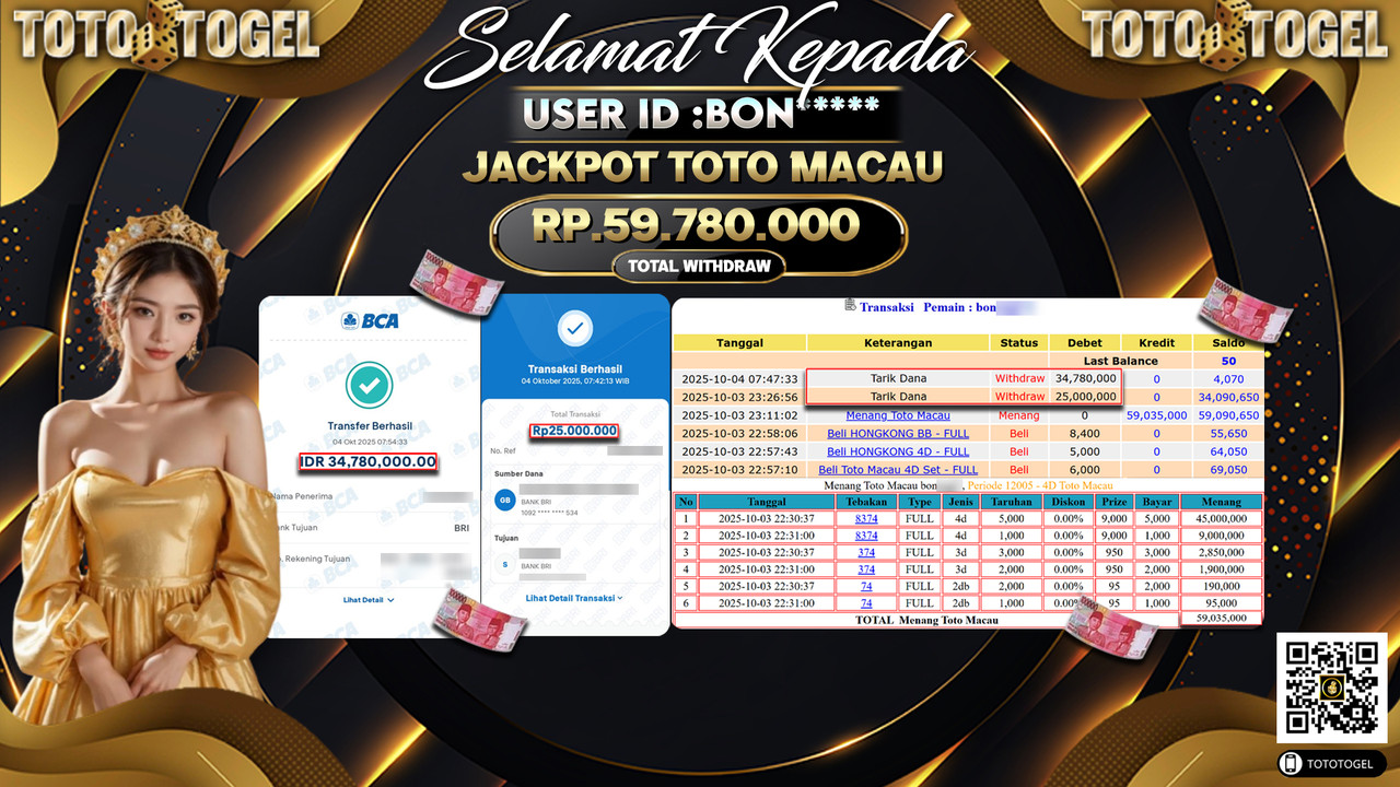 Bukti Pembayaran Jackpot Permainan Togel Toto Macau ID:BON*** LUNAS