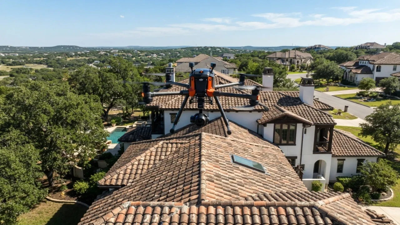 Drone aerial roof inspection San Antonio home