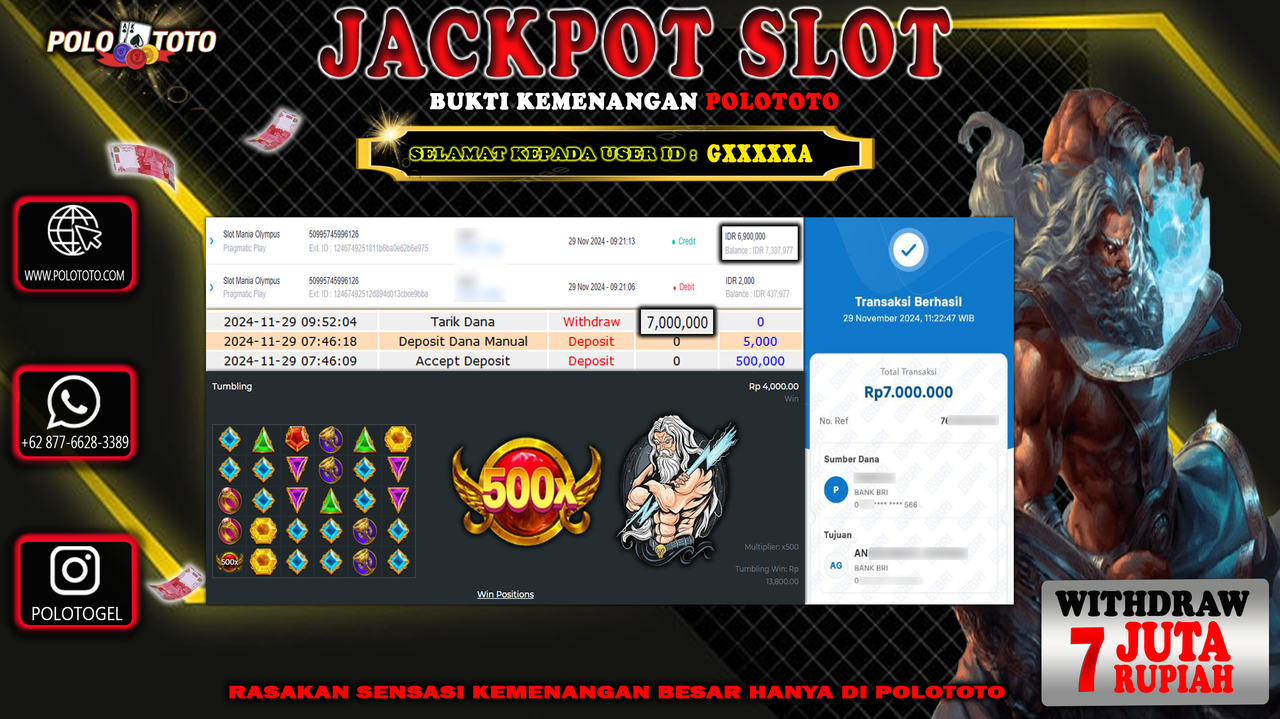 POLOTOTO JACKPOT SLOT MANIA OLYMPUS Rp.7,000.000,-