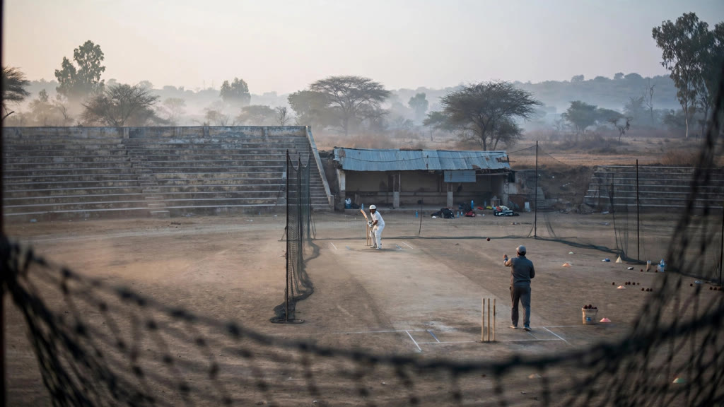 A lone cricketer trains at dawn on a domestic ground in Pakistan (illustrative AI image)