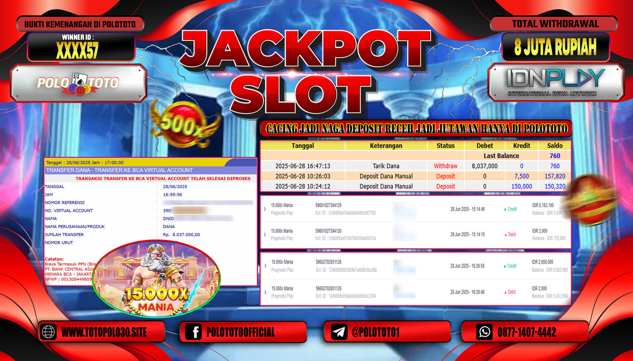 POLOTOTO JACKPOT SLOT 15.000X MANIA Rp.8.000.000,- LUNAS