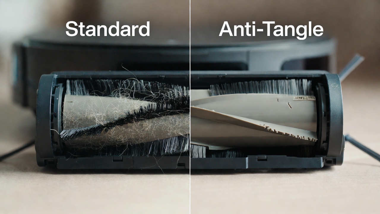Comparison of standard versus anti-tangle brush roll designs showing pet hair management in robot vacuums