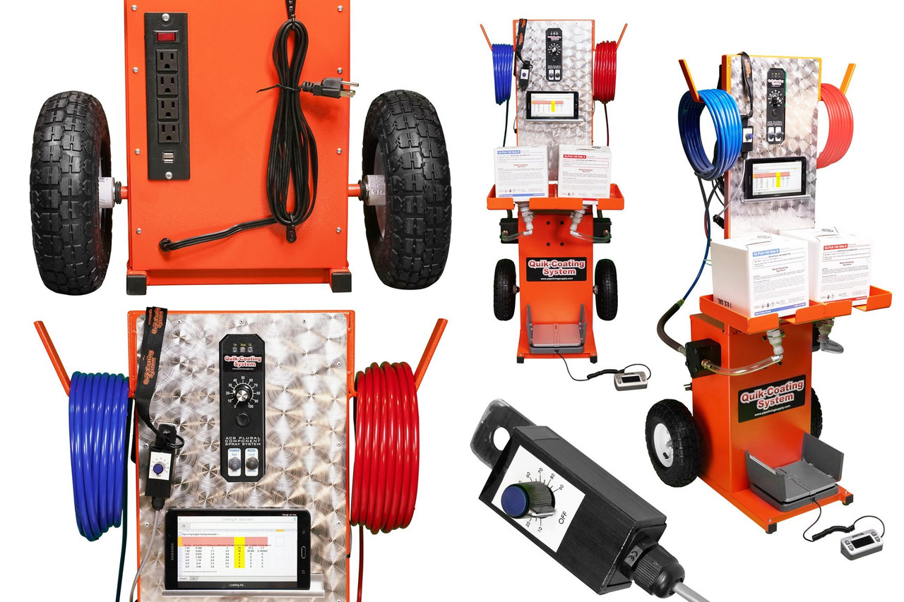 Industrial equipment product photography collage showing machine details, controls, wheels, and accessories