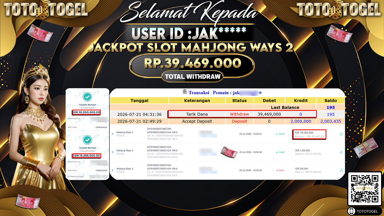 Bukti Pembayaran Jackpot SLOT MAHJONG WAYS 2 ID:JAK****LUNAS