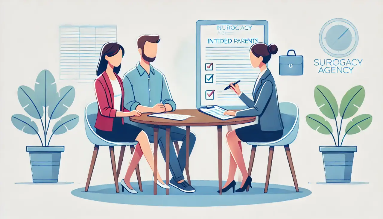 Illustration of intended parents consulting with a surrogacy agency representative in the U.S., emphasizing professional support.