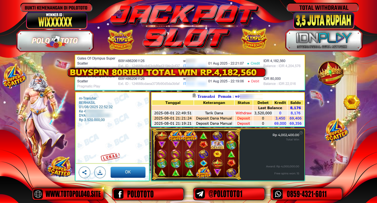 POLOTOTO JACKPOT SLOT GATES OF OLYMPUS SUPER SCATTER Rp.3.50.000,-LUNAS