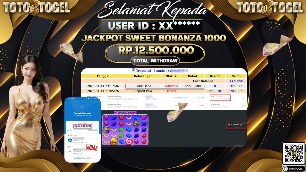Bukti Pembayaran Jackpot  Permainan Slot Sweet Bonanza 1000 ID:XX****** LUNAS