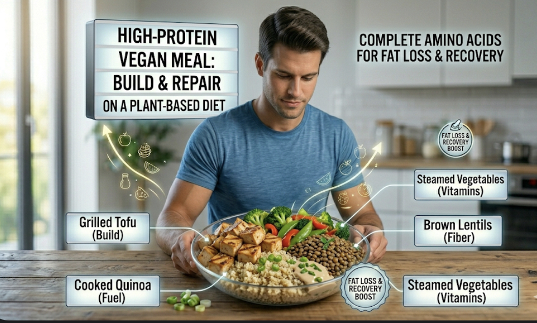 Vegan high-protein meal with tofu, quinoa, lentils, vegetables, representing plant-based protein meal plan fat loss and beginner nutrition muscle growth
